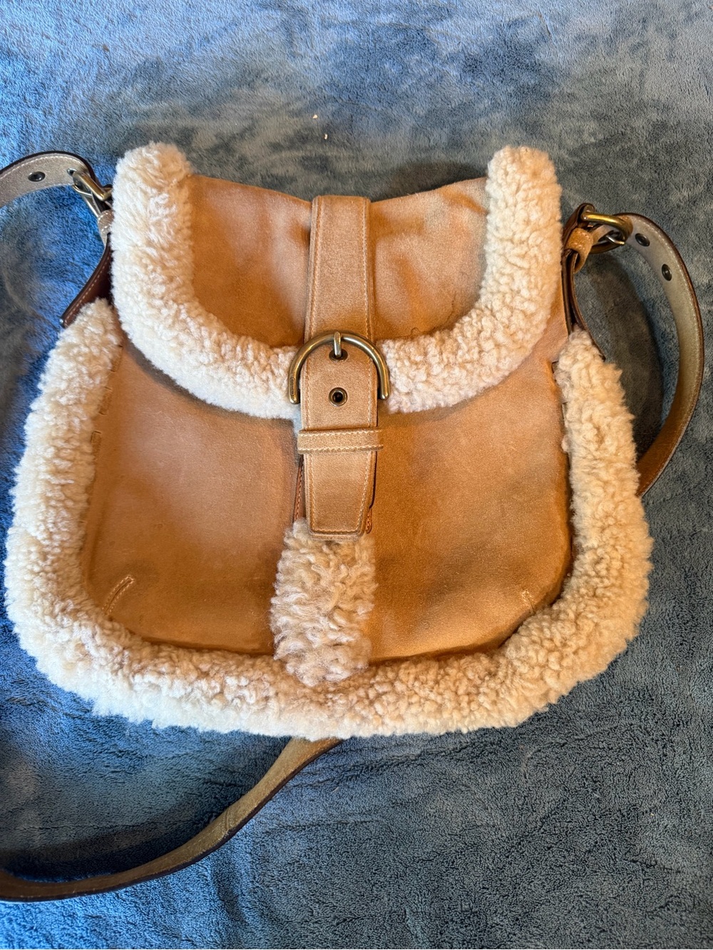 Coach Tan Suede Shoulder Bag with Cream Shearling Trim